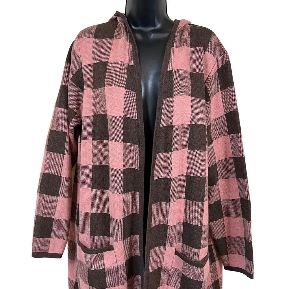 D&CO. HOODED OPEN FRONT BROWN AND PINK BUFFALO PLAID CARDIGAN DUSTER